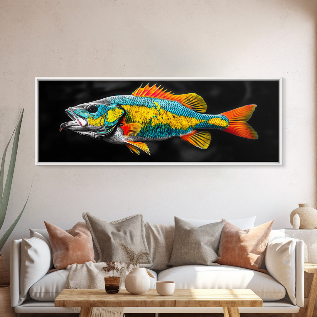 Tropical Fish, Vibrant Colors, Bold Sea Life, Black Background, Framed Canvas Print, Kitchen Wall Art, Modern Coastal Art