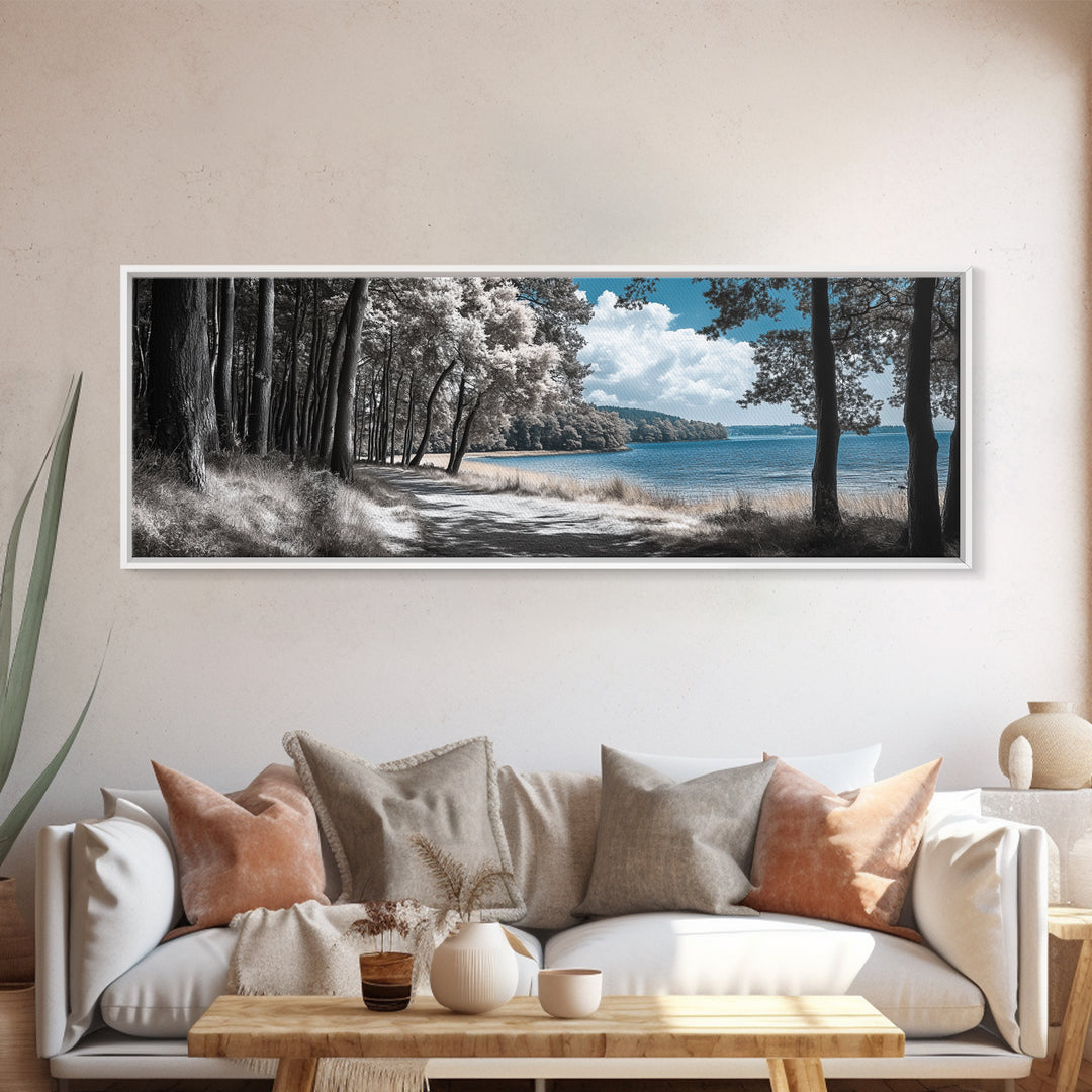 Coastal Forest Path, Lakeside Nature Trail, Tranquil Blue Water, Canvas Print, Minimalist Landscape, Bedroom Wall Art