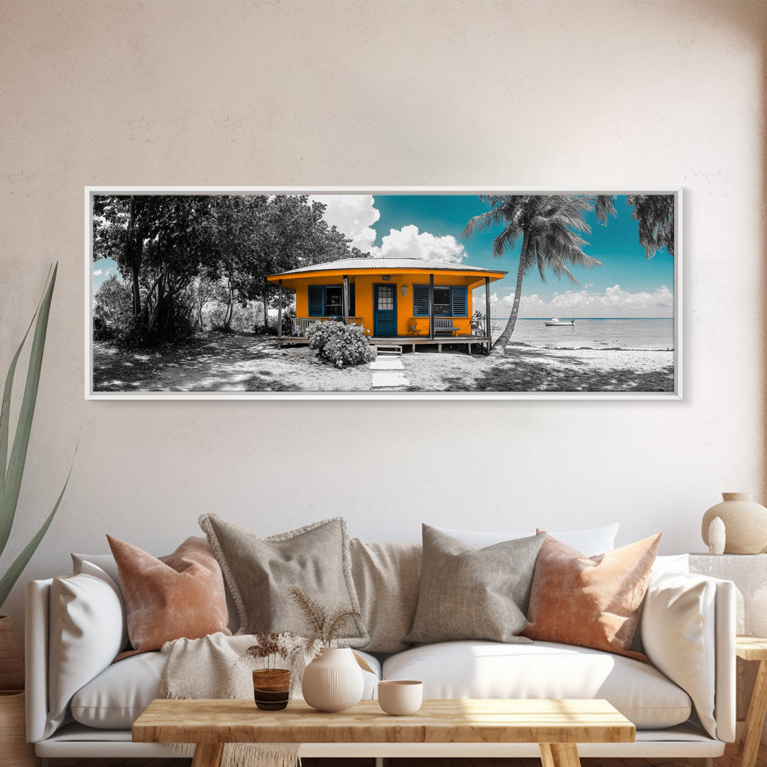 Beach House, Tropical Paradise, Yellow Cabin, Oceanfront View, Framed Canvas Print, Living Room Wall Art, Coastal Home Aesthetic