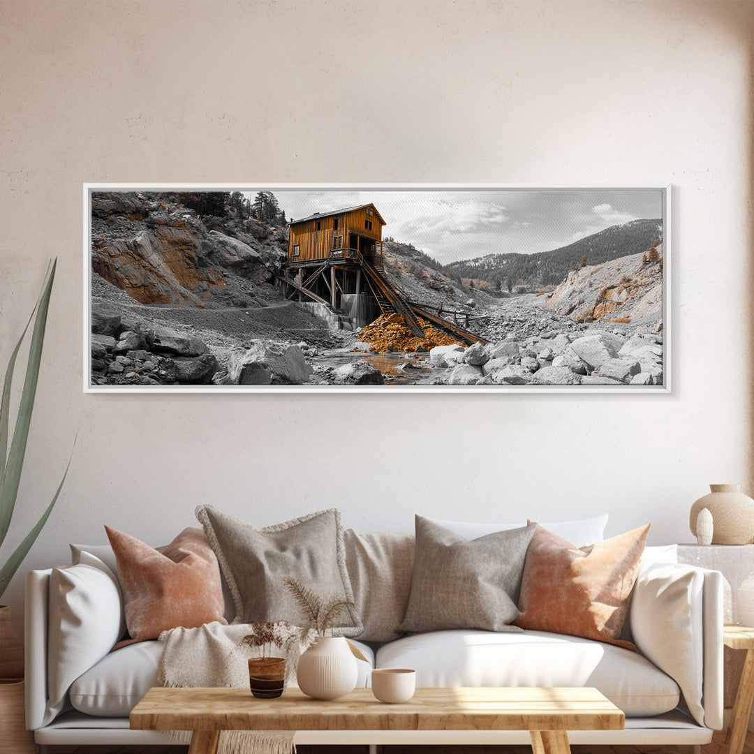 Desert Mine Cabin, Rustic Gold Landscape, Abandoned Building Scene, Framed Canvas Print, Western Art, Office Wall Decor
