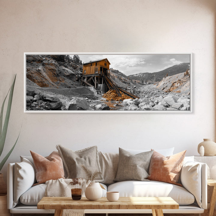 Desert Mine Cabin, Rustic Gold Landscape, Abandoned Building Scene, Framed Canvas Print, Western Art, Office Wall Decor