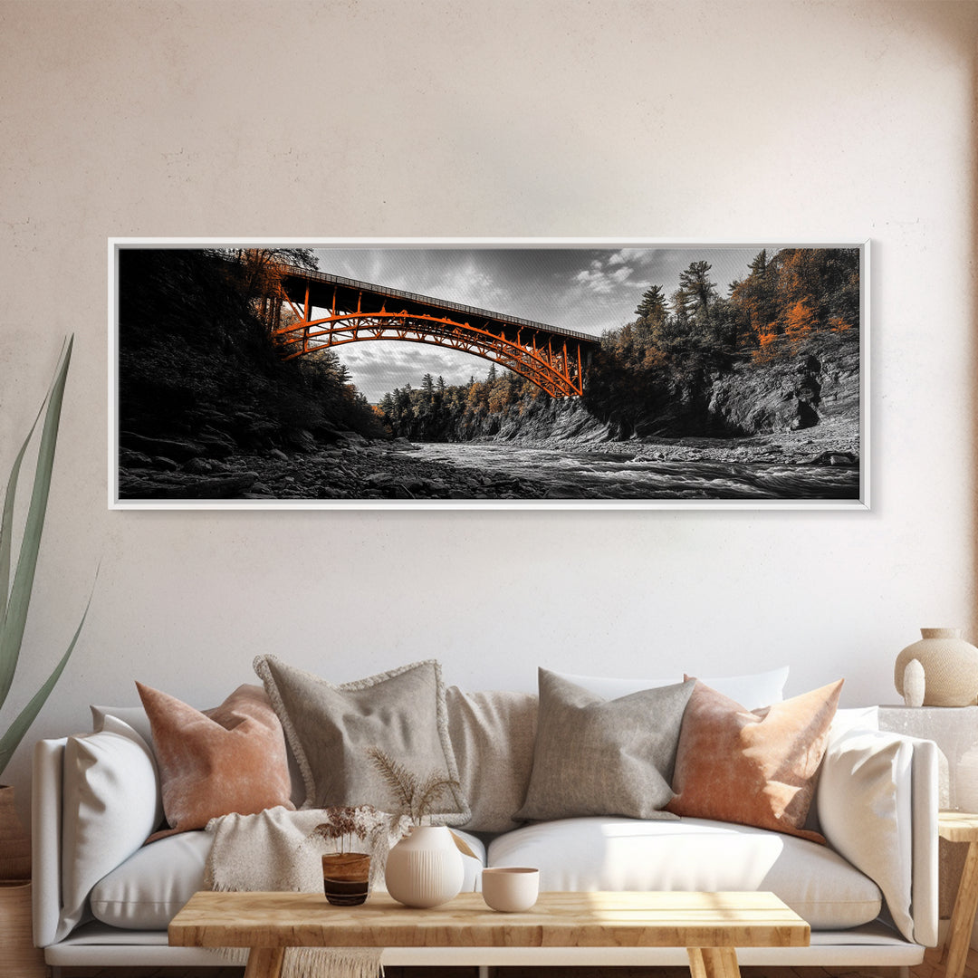 Autumn River Bridge, Orange Iron Arch, Canyon Flow Scene, Framed Canvas Print, Rustic Fall Decor, Entryway Wall Art, Living Room Decor