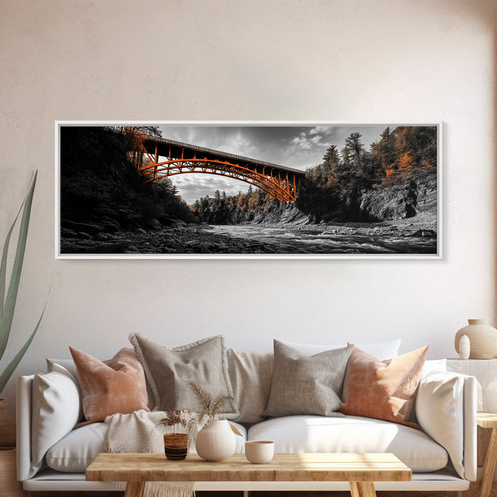 Autumn River Bridge, Orange Iron Arch, Canyon Flow Scene, Framed Canvas Print, Rustic Fall Decor, Entryway Wall Art, Living Room Decor