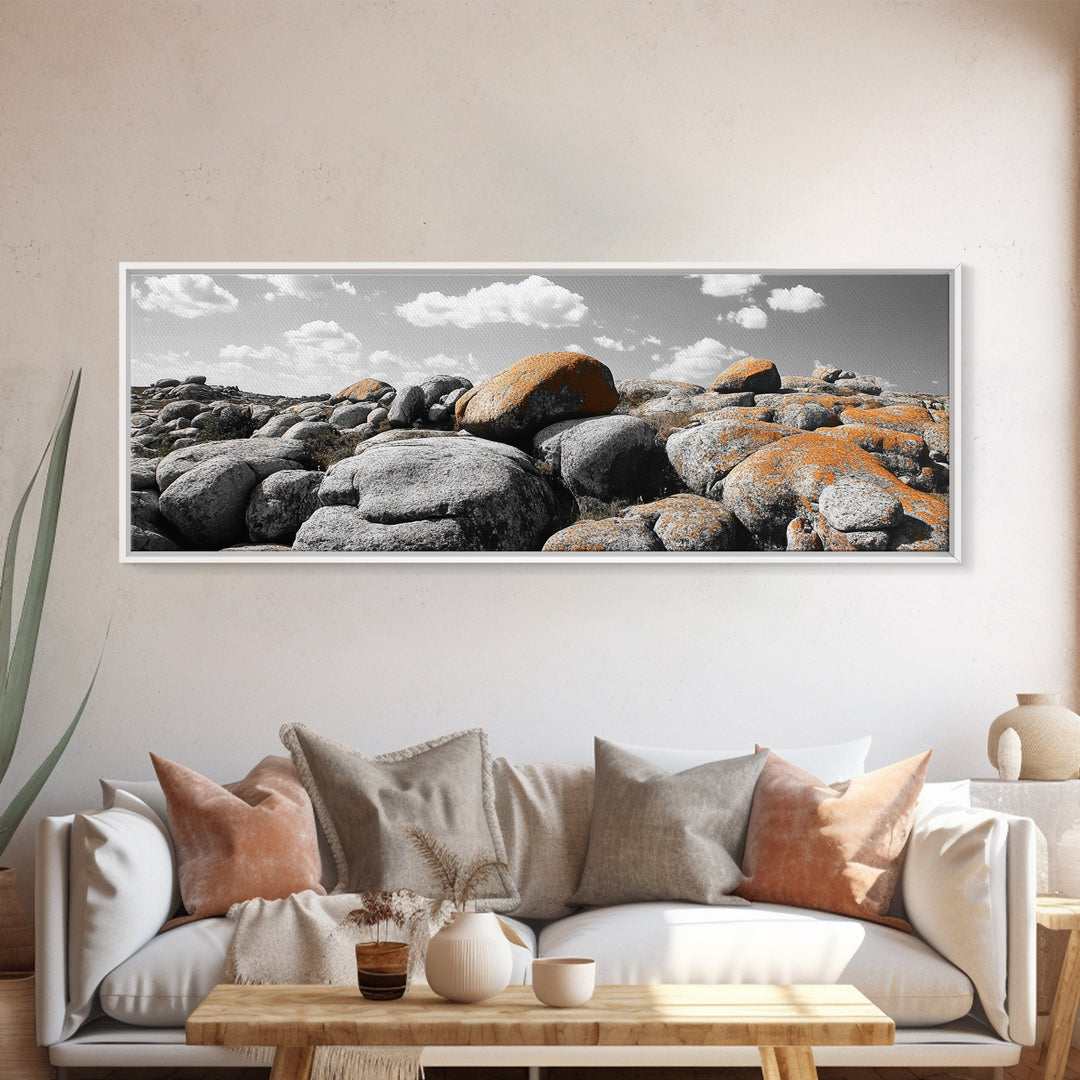 Granite Boulder Field, Orange Lichen Rocks, Desert Rockscape, Canvas Print, Natural Earth Decor, Living Room Wall Art