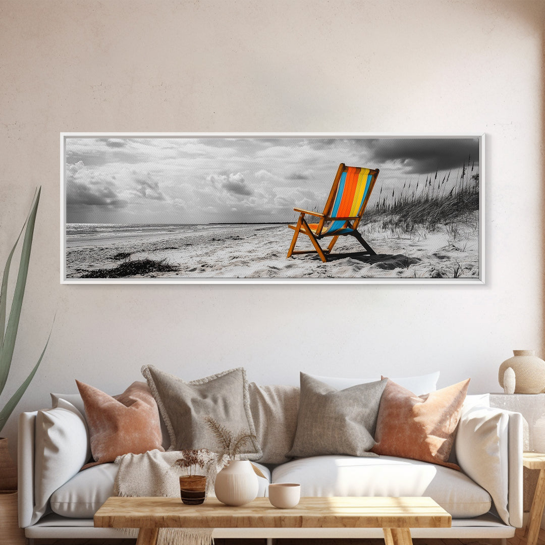 Beach Chair, Coastal Solitude, Striped Fabric, Seaside Calm, Framed Canvas Print, Minimalist Wall Art, Beach House Decor