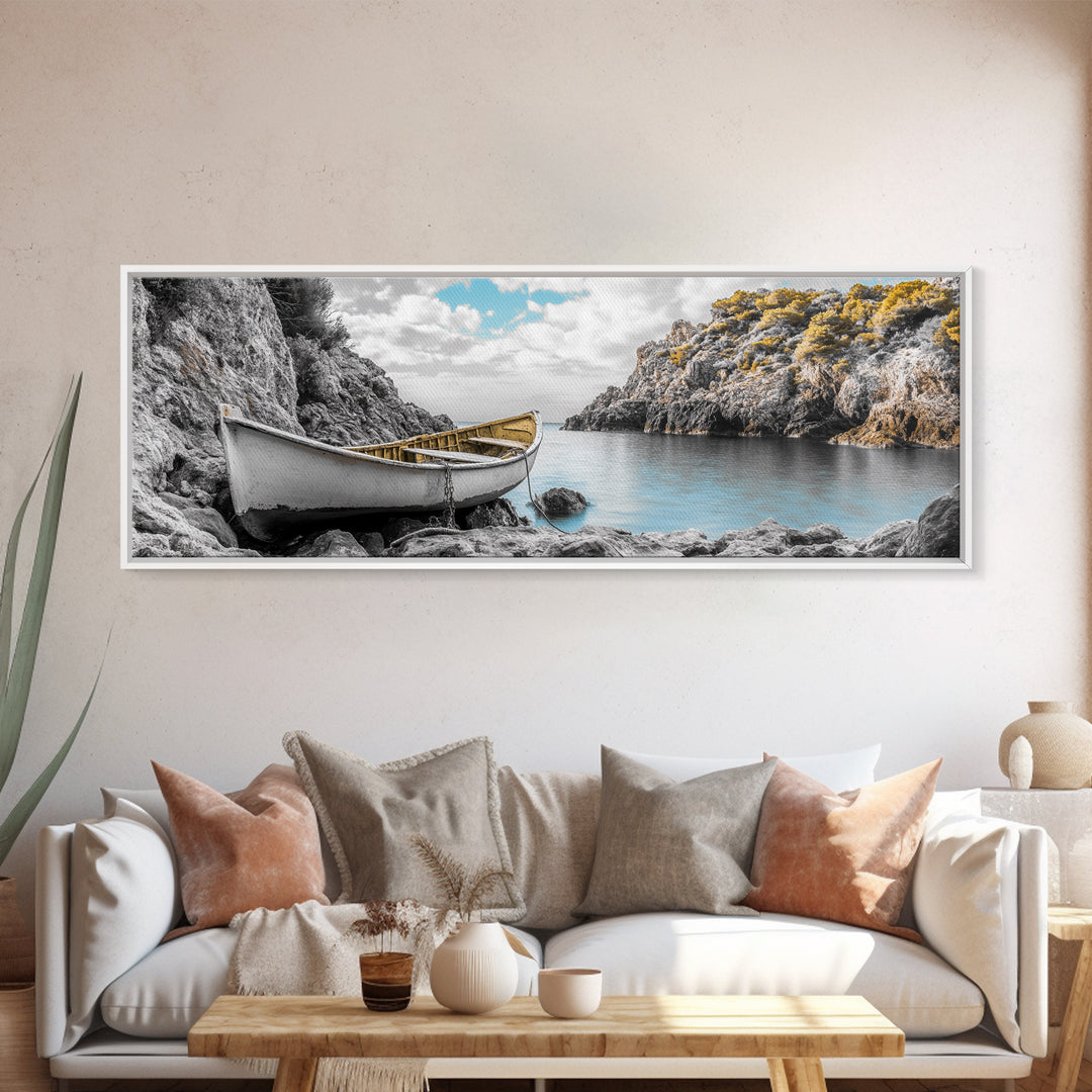 Abandoned Rowboat, Rustic Shore, Autumn Cove, Island Serenity, Framed Canvas Print, Lakehouse Decor, Coastal Wall Art, Nature Print