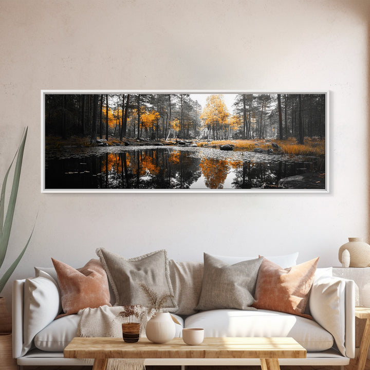 Autumn Forest, Golden Trees, Tranquil Reflection, Nature Pond, Framed Canvas Print, Fall Wall Art, Living Room Decor, Cozy Vibes