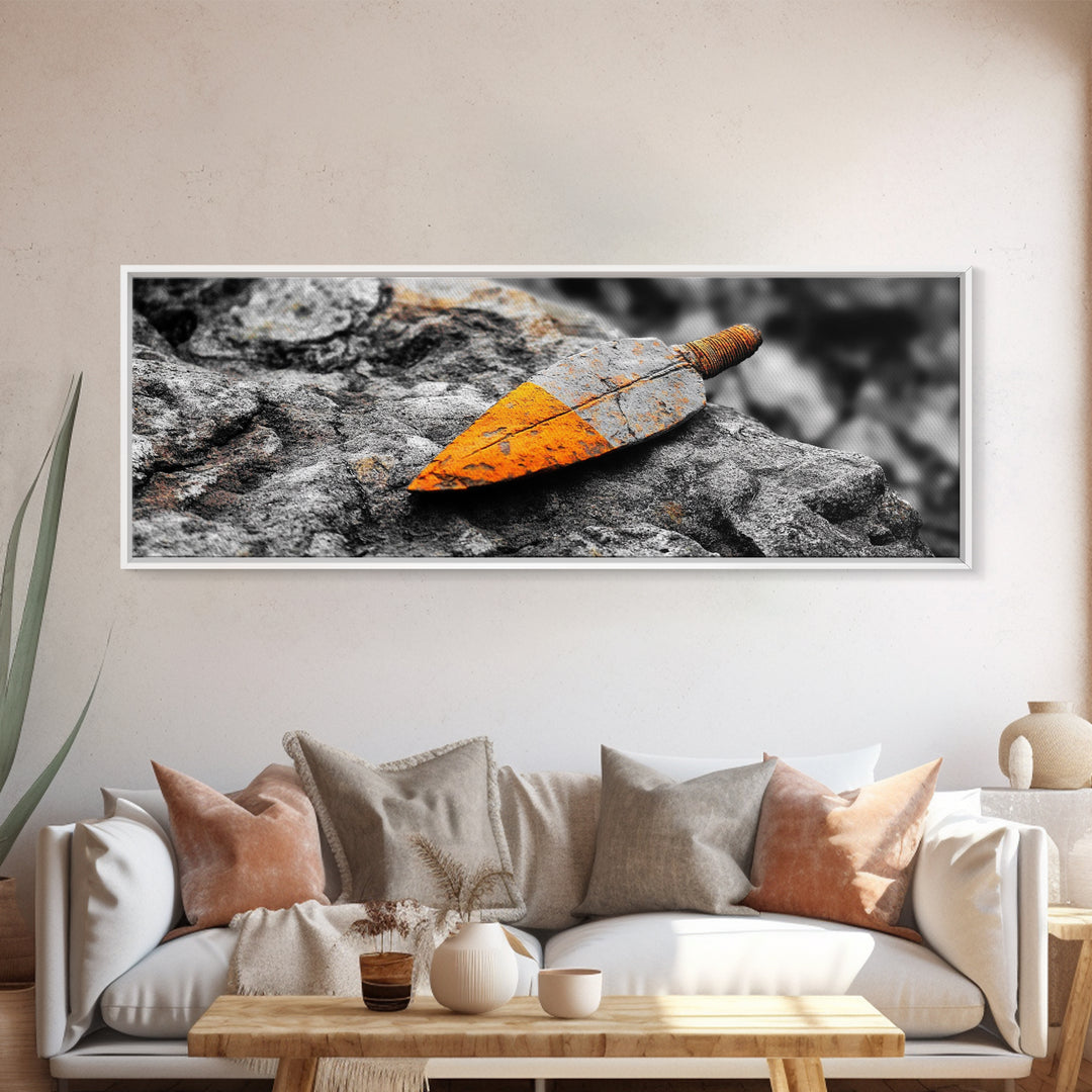Tribal Blade, Ancient Weapon, Stone Texture, Orange Detail, Framed Canvas Print, Masculine Wall Art, Rustic Decor, Warrior Vibes