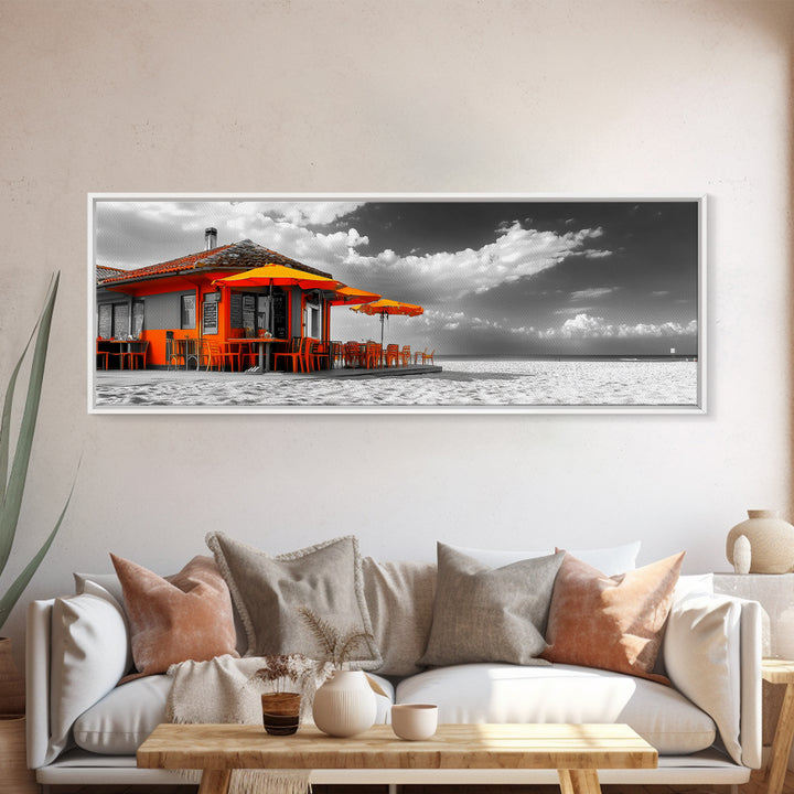 Beach Cafe, Orange Umbrellas, Seaside Dining, Sunny Vibes, Framed Canvas Print, Kitchen Wall Art, Summer Coastal Style
