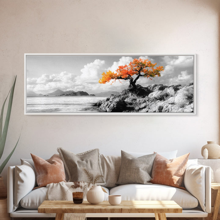 Autumn Tree, Coastal Cliff, Ocean Horizon, Framed Canvas Print, Autumn decor, rustic wall art, minimalist nature, neutral tones