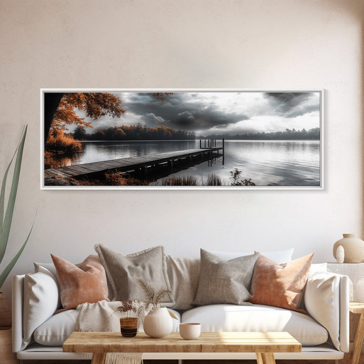 Autumn Lake, Stormy Sky, Wooden Dock, Canvas Print, fall landscape wall art, cozy home decor, cabin style print, orange forest reflections