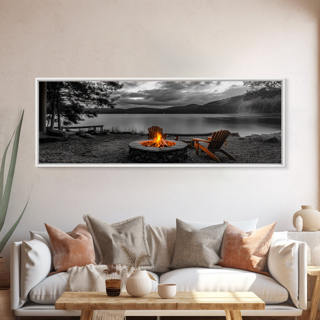 Campfire Chairs Lakeside, Cozy Autumn Vibes, Mountain Cabin View, Framed Canvas Print, Rustic Fall Wall Art, Living Room Fireplace Decor