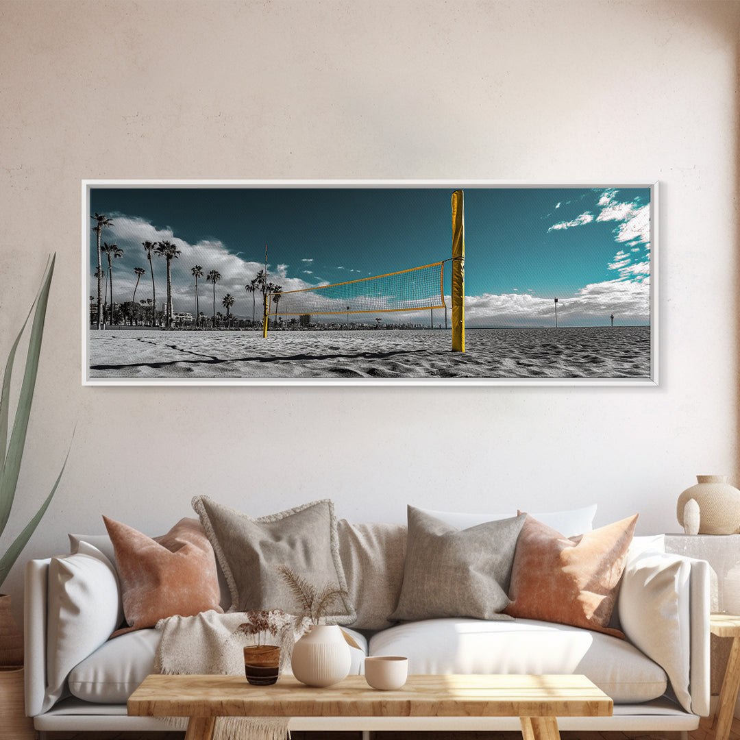 Beach Volleyball, Palm Trees, Summer Sport, Coastal Minimalism, Framed Canvas Print, Rec Room Wall Art, Sporty Vibe Decor