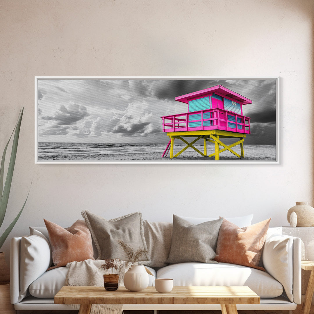 Miami Lifeguard Tower, Vibrant Beach Hut, Pink Yellow Blue, Canvas Print, Coastal Pop Art, Teen Room Decor, Colorful Summer Wall Art
