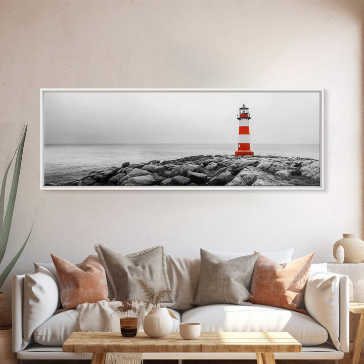 Rocky Shore, Coastal Guide, Red Lighthouse, Ocean Cliff Scene, Framed Canvas Print, Nautical Wall Decor, Bathroom Wall Art, Minimalist Art