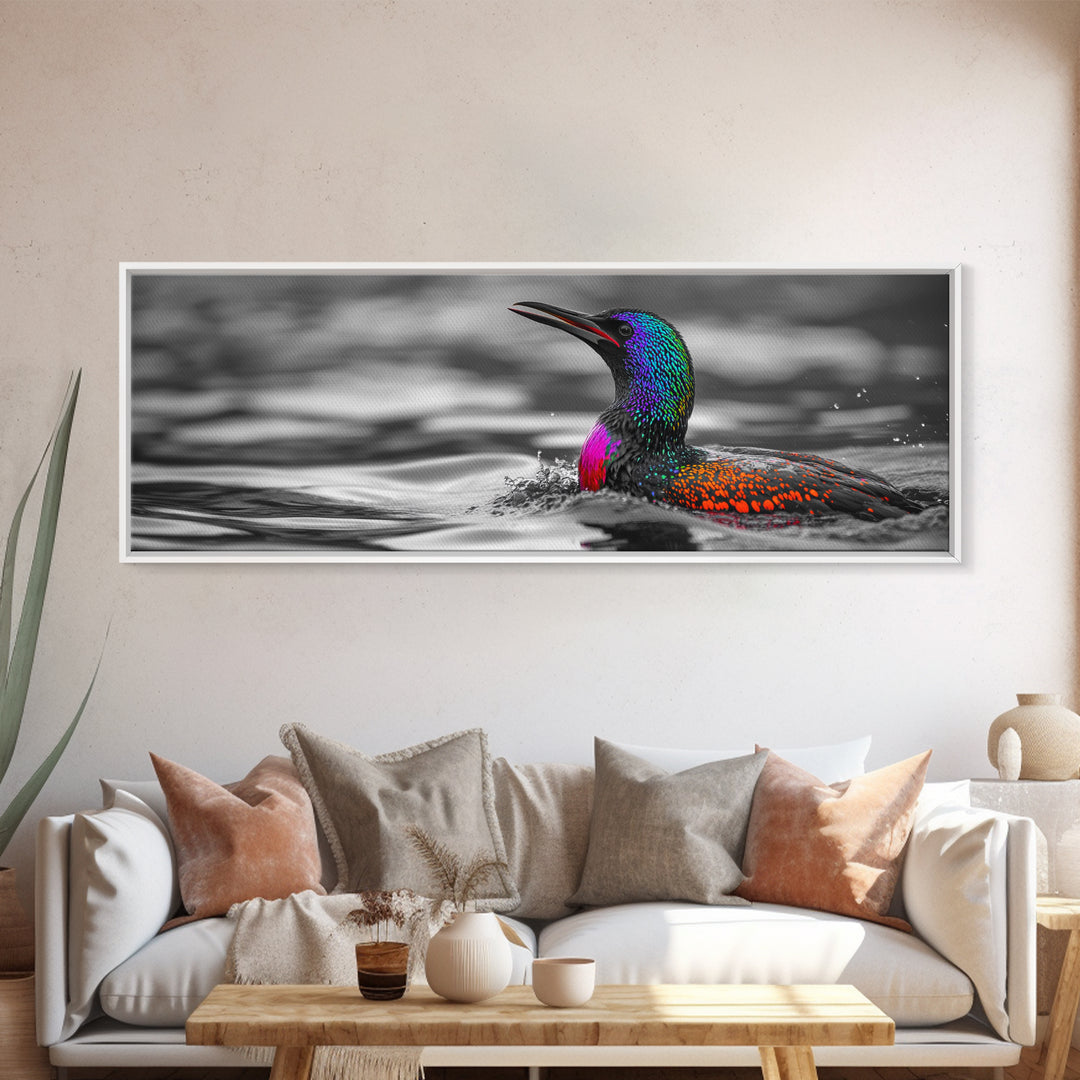 Colorful Loon, Rainbow Feathers, Water Splash, Unique Wildlife, Framed Canvas Print, Bathroom Wall Art, Eclectic Style, Birdwatcher Gift