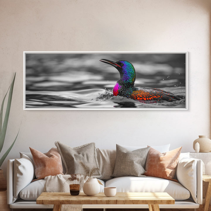 Colorful Loon, Rainbow Feathers, Water Splash, Unique Wildlife, Framed Canvas Print, Bathroom Wall Art, Eclectic Style, Birdwatcher Gift