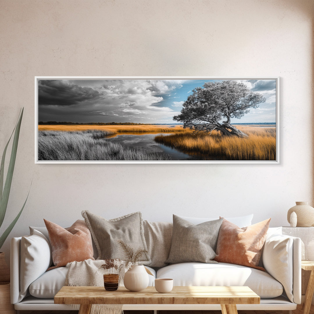 Autumn Marsh, Windswept Tree, Golden Grass, Storm Sky, Framed Canvas Print, Fall Wall Art, Living Room Decor, Rustic Landscape