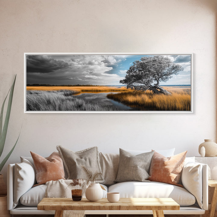 Autumn Marsh, Windswept Tree, Golden Grass, Storm Sky, Framed Canvas Print, Fall Wall Art, Living Room Decor, Rustic Landscape