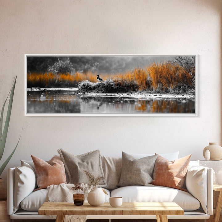 Autumn Marsh Scene, Duck Reflection, Moody Landscape, Canvas Print, Fall nature wall art, rustic home decor, cabin wall print