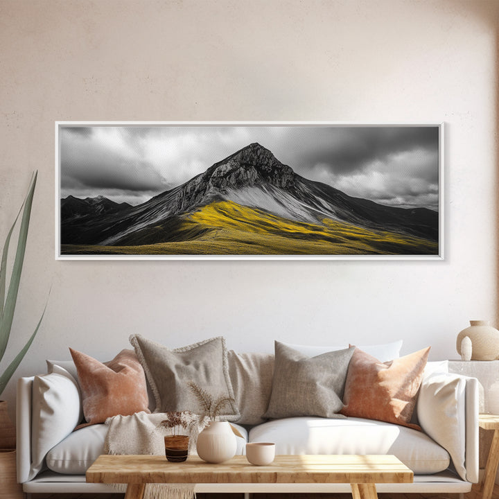 Black Mountain Peak, Moody Sky, Bold Yellow Hillside, Framed Canvas Print, Nature Art, Bedroom Wall Decor, Modern Landscape Print