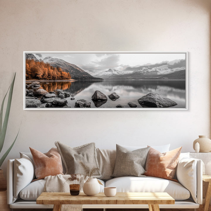 Autumn Lake Reflection, Serene Mountains, Warm Tones, Framed Canvas Print, Fall Home Decor, Rustic Landscape, Cabin Wall Art