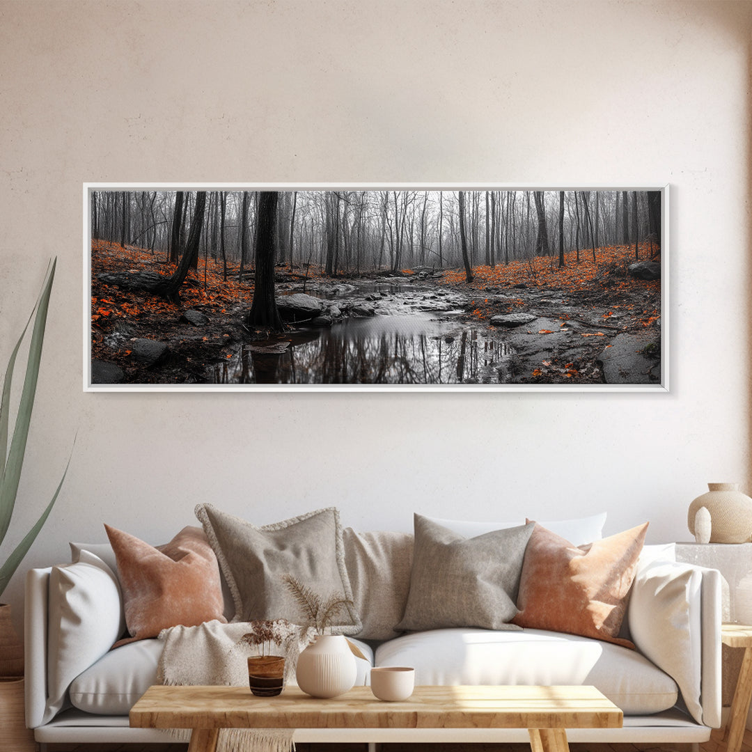 Autumn Forest Stream, Bare Trees, Orange Leaves, Framed Canvas Print, Fall Wall Art, Cozy Nature Scene, Entryway Decor
