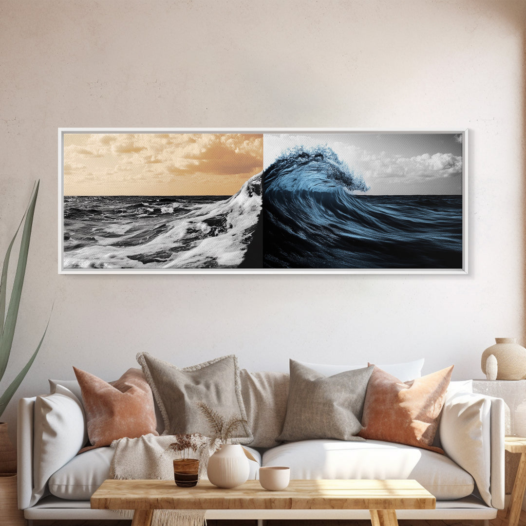 Ocean Wave Split, Sunrise Sea, Blue Tidal Wave, Framed Canvas Print, Nautical Wall Art, Coastal Decor, Bathroom Seascape