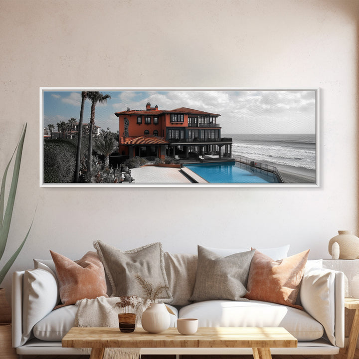 Coastal Villa, Ocean View, Infinity Pool, Sunset Escape, Framed Canvas Print, Beach House Decor, Mediterranean Art, Living Room Wall Art