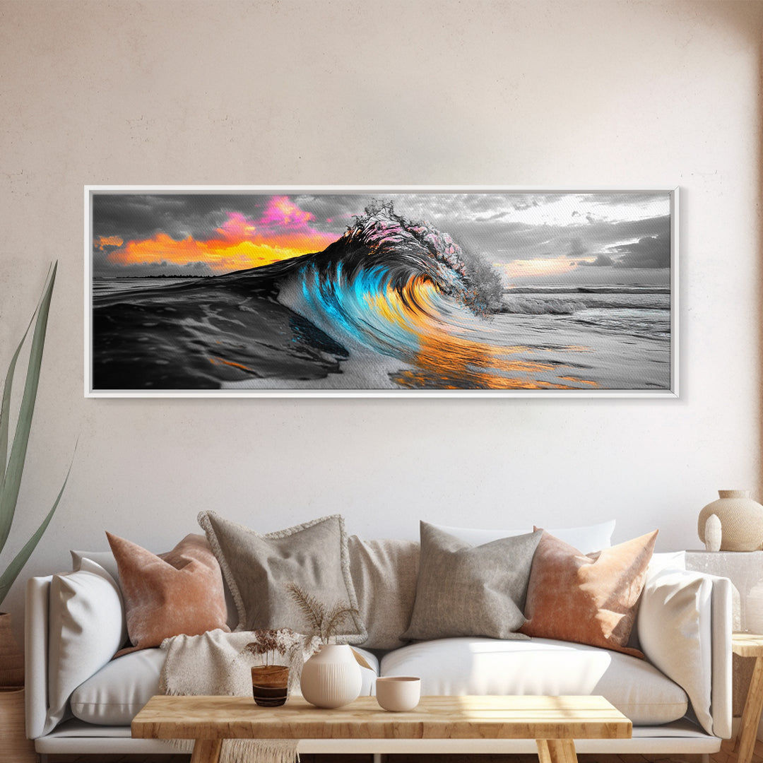 Wave Photography, Color Splash, Sunset Sea, Surf Art, Framed Canvas Print, Beach House Decor, Coastal Vibes, Modern Ocean Wall Art