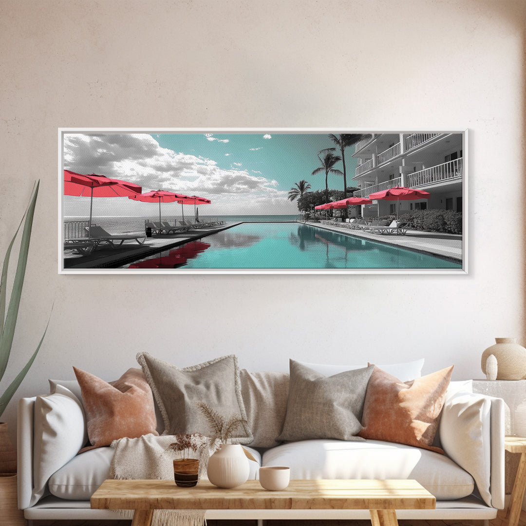 Poolside Escape, Beach Umbrellas, Luxury Retreat, Modern Resort, Framed Canvas Print, Vacation Vibes, Coastal Living, Bedroom Wall Art