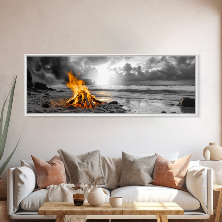 Beach Bonfire Glow, Autumn Coastal Scene, Campfire Photography, Canvas Print, Rustic Living Room or Cabin Wall Art, Fall Decor