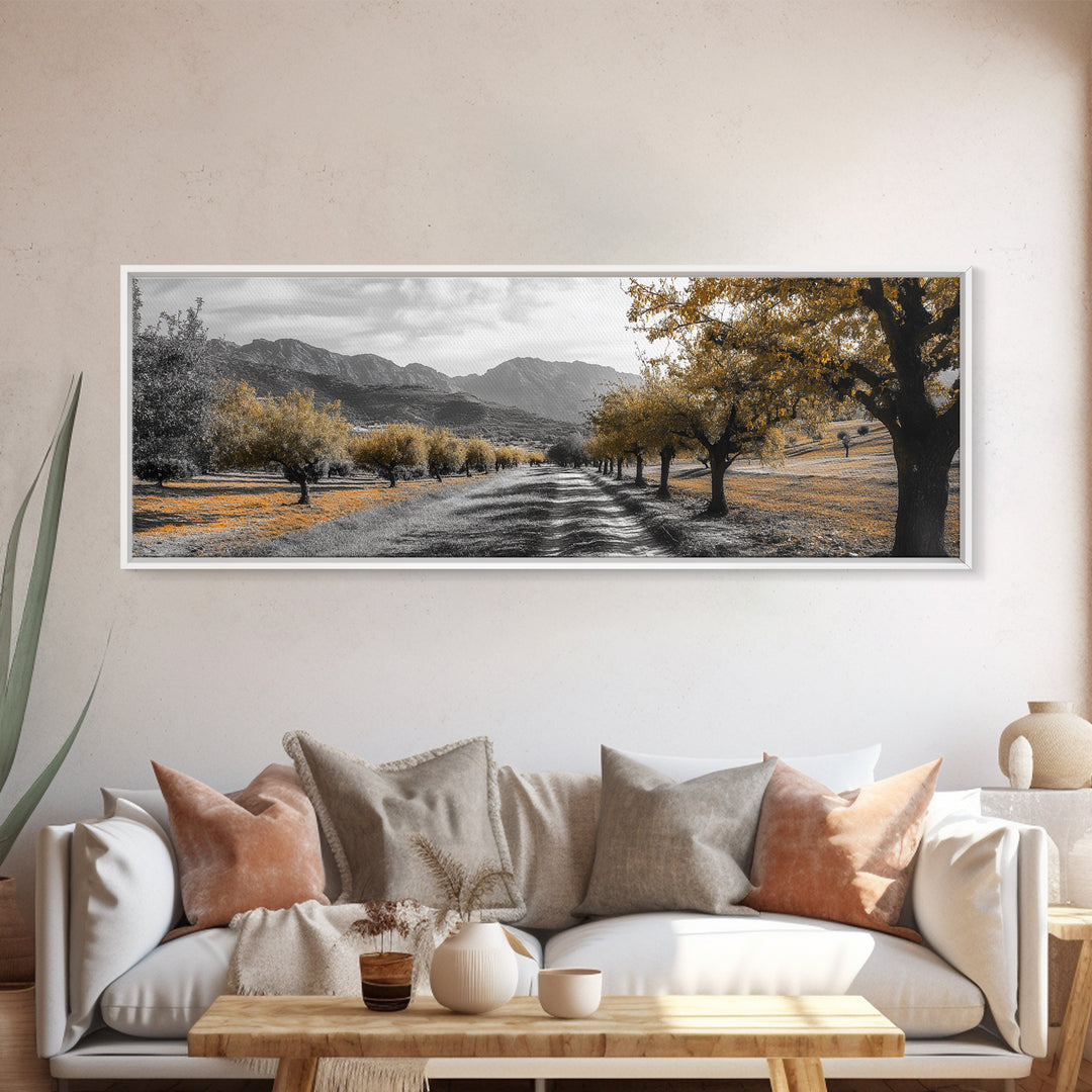 Autumn Orchard, Tree Tunnel, Mountain Path, Golden Fields, Framed Canvas Print, Fall Landscape Art, Rustic Farmhouse Decor, Dining Room Wall Art