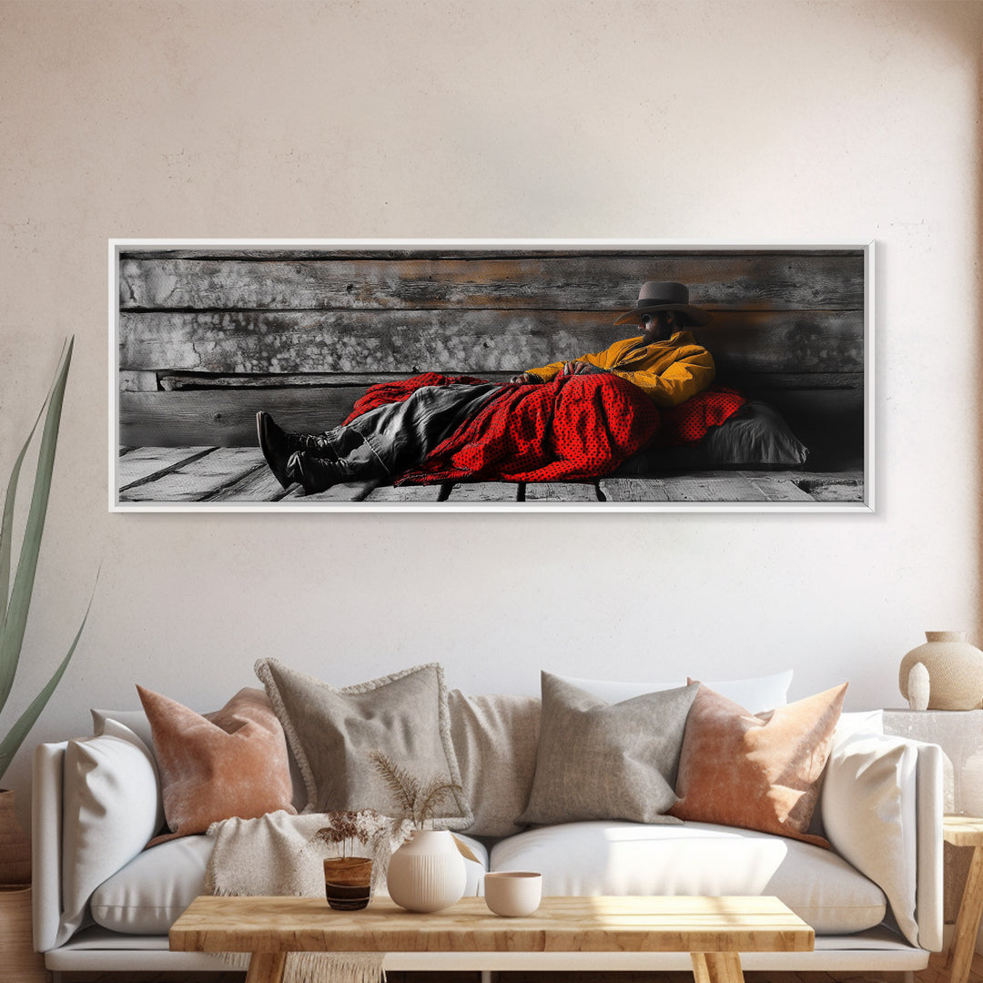 Cowboy Resting, Rustic Cabin Scene, Western Americana, Framed Canvas Print, Fall Wall Art, Bedroom or Study Western Style Decor