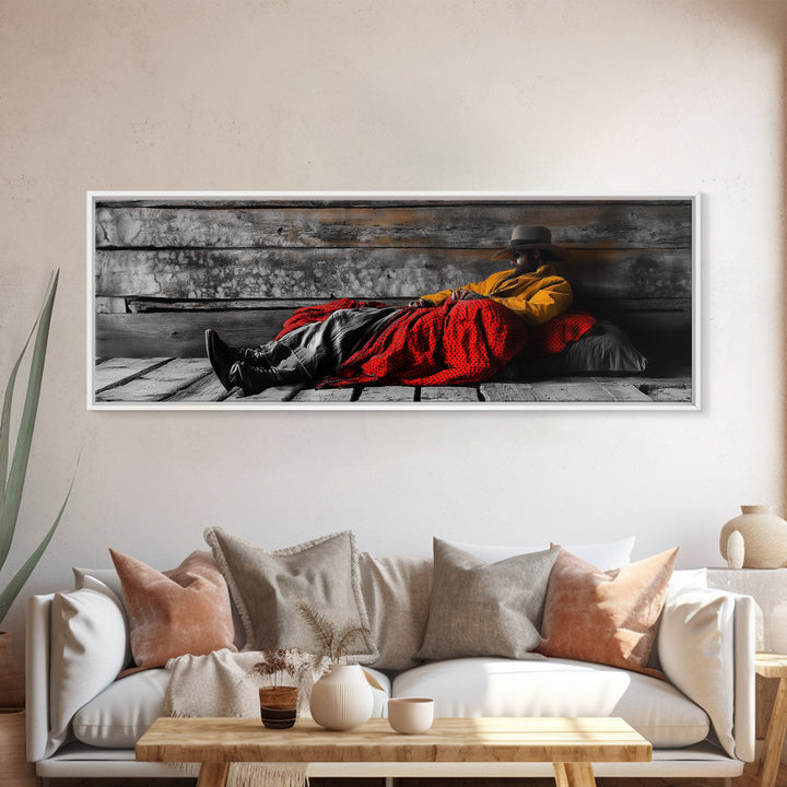 Cowboy Resting, Rustic Cabin Scene, Western Americana, Framed Canvas Print, Fall Wall Art, Bedroom or Study Western Style Decor