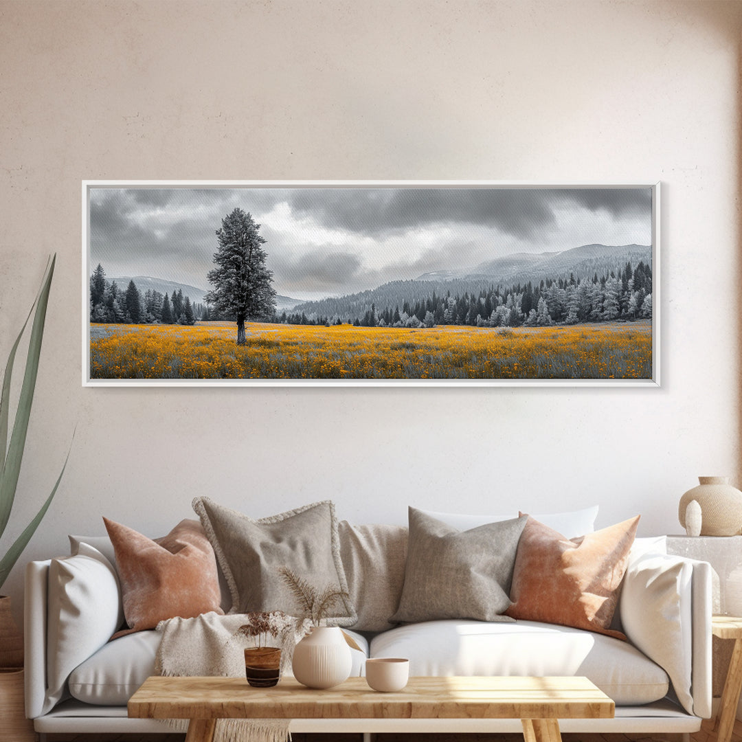 Lone Tree, Yellow Meadow, Autumn Landscape, Moody Forest, Framed Canvas Print, Nature Photography, Cabin Wall Art, Fall Home Decor