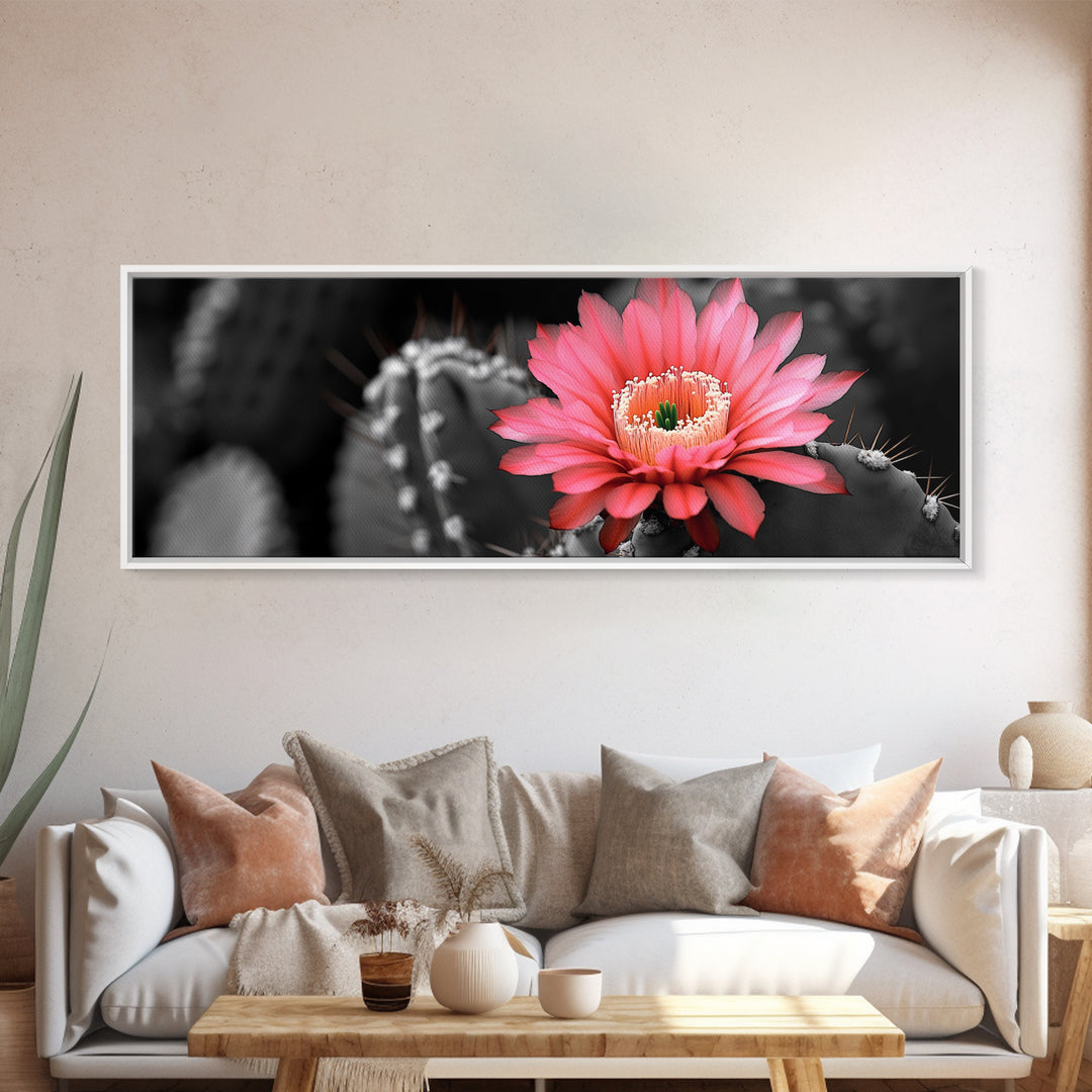 Desert Bloom, Cactus Flower, Vibrant Petals, Nature Beauty, Framed Canvas Print, Boho Wall Art, Living Room Decor, Pink Flower Photography