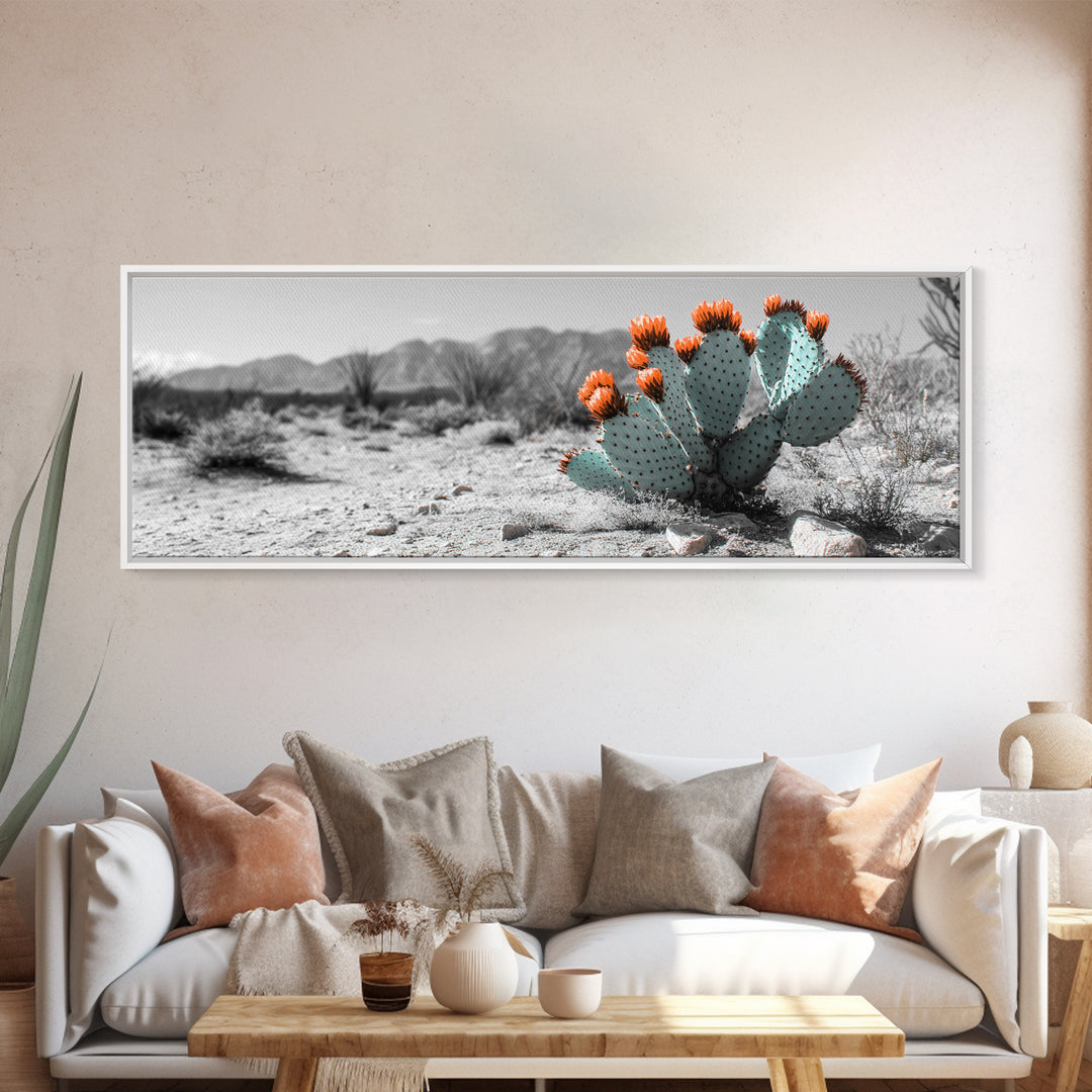 Cactus Garden, Desert Life, Orange Bloom, Nature Vibes, Framed Canvas Print, Rustic Wall Art, Boho Decor, Office Botanical Accent
