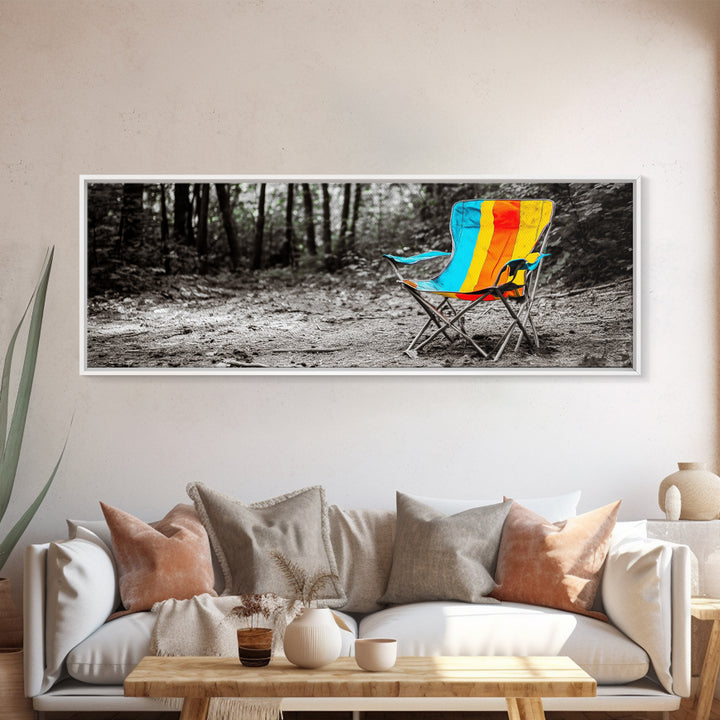 Camping Chair, Forest Trail, Boho Vibes, Outdoor Escape, Framed Canvas Print, Playful Wall Art, Kids Room Decor, Nature Adventure Style