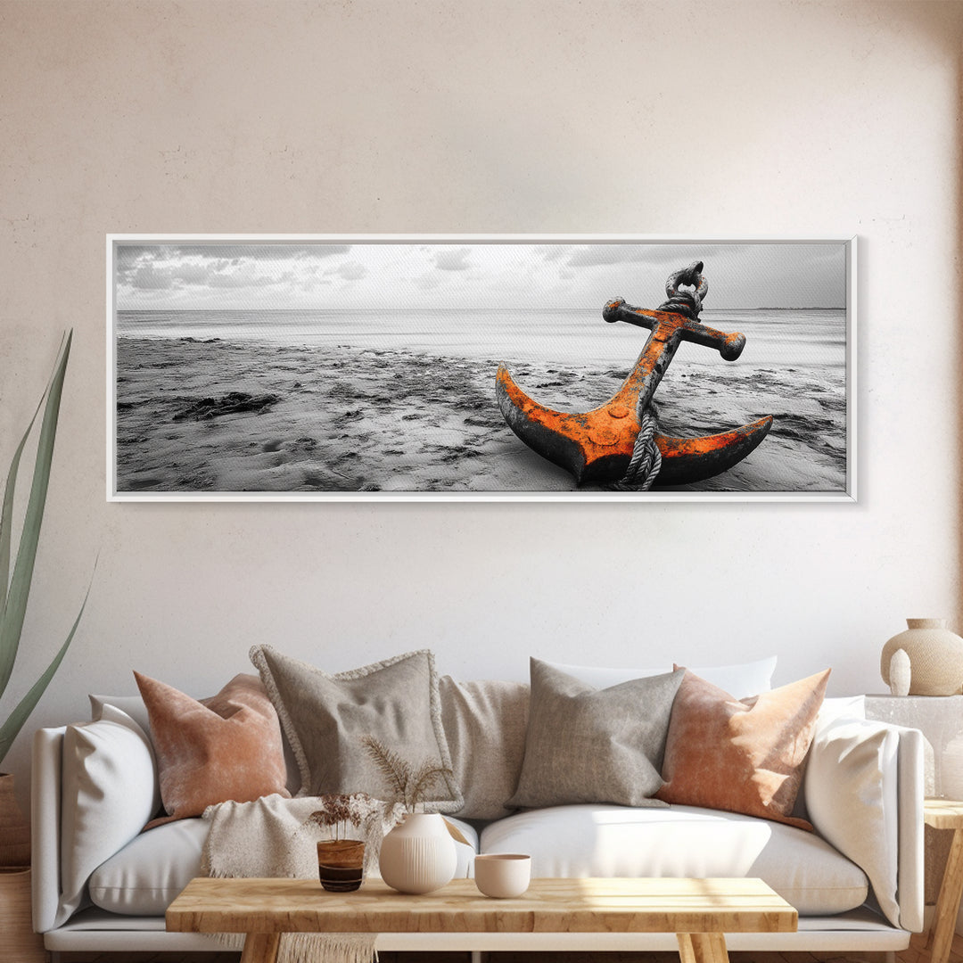 Rusted Anchor, Coastal Decay, Ocean Shore, Nautical Minimalism, Framed Canvas Print, Beach House Wall Art, Bathroom Wall Decor