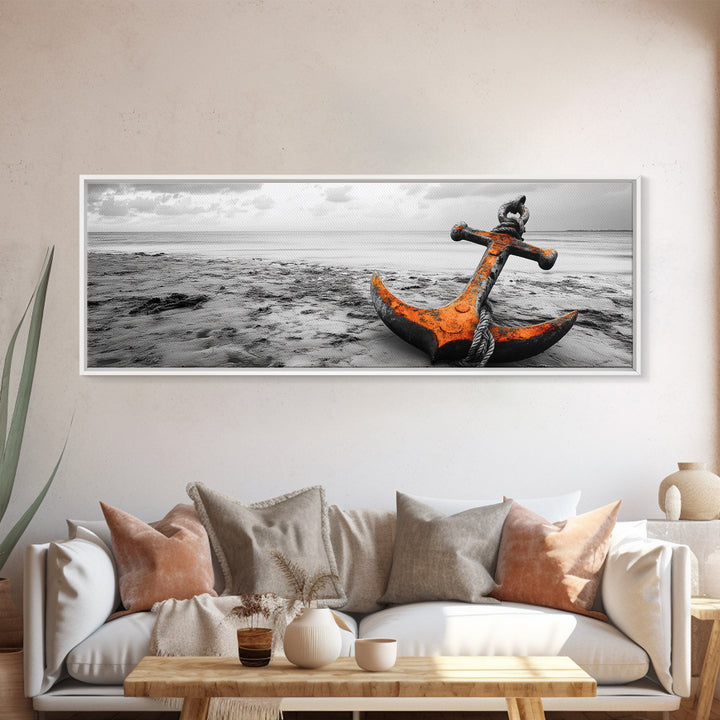 Rusted Anchor, Coastal Decay, Ocean Shore, Nautical Minimalism, Framed Canvas Print, Beach House Wall Art, Bathroom Wall Decor