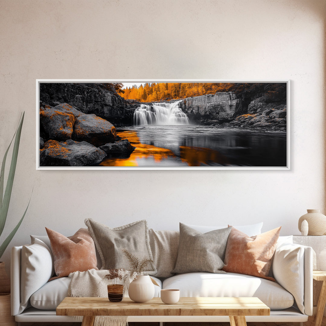 Autumn Waterfall, Fall Trees, Golden Reflections, Tranquil Scene, Framed Canvas Print, Nature Wall Art, Seasonal Decor, Cozy Living Room
