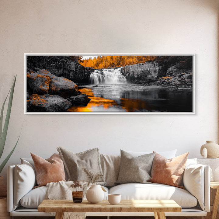 Autumn Waterfall, Fall Trees, Golden Reflections, Tranquil Scene, Framed Canvas Print, Nature Wall Art, Seasonal Decor, Cozy Living Room