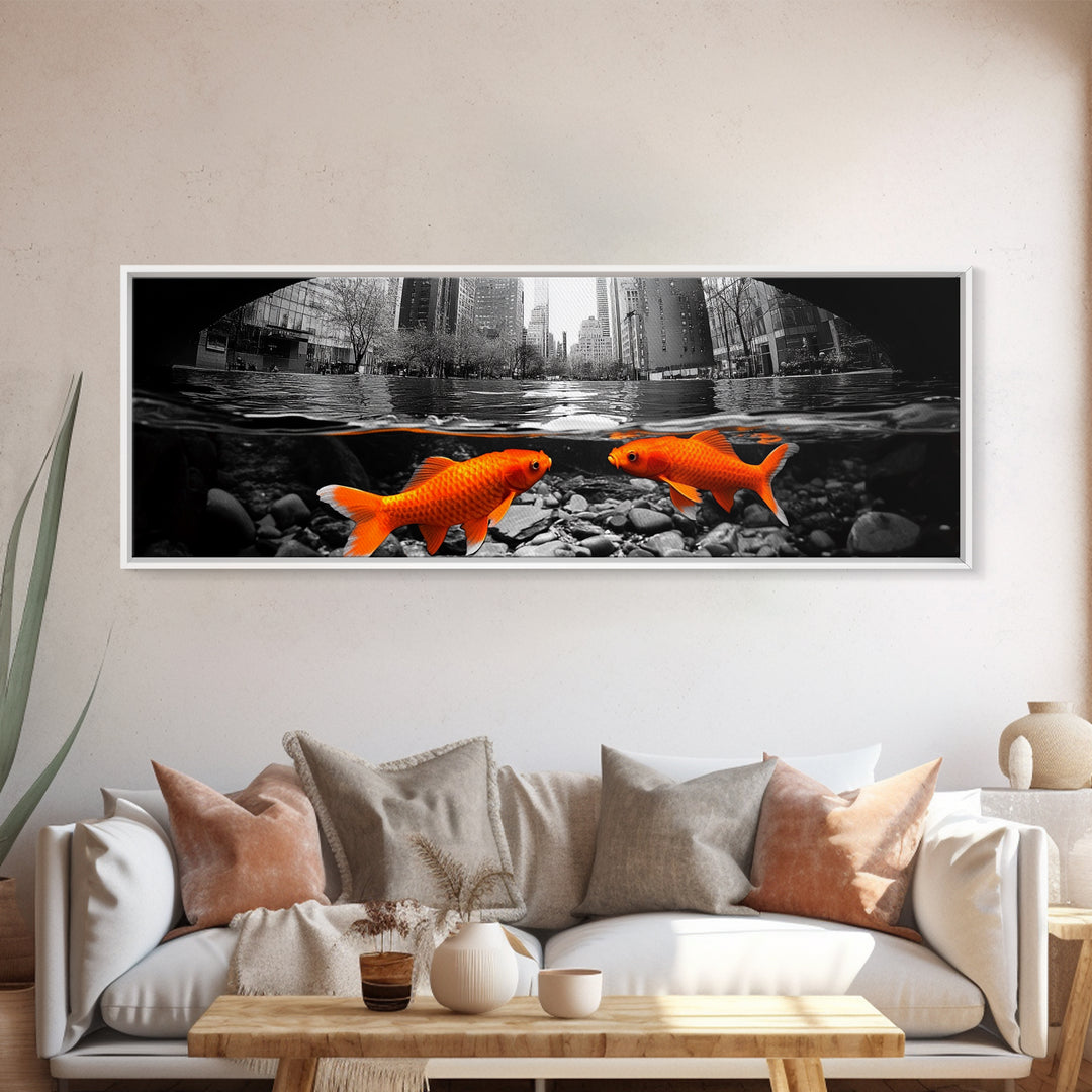 City Meets Nature, Urban Fish, Goldfish Art, Surreal Street Scene, Framed Canvas Print, Quirky Kitchen Wall Art, Modern Whimsical Decor