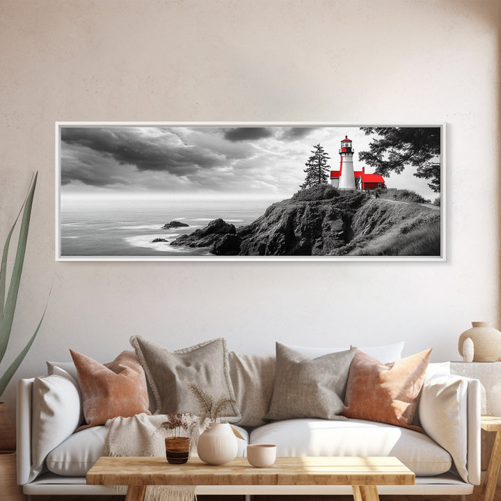 Coastal Lighthouse, Ocean Cliffs, Red Roof, Nautical Beacon, Framed Canvas Print, Bathroom Wall Art, Minimalist Coastal Decor, Seaside Vibe