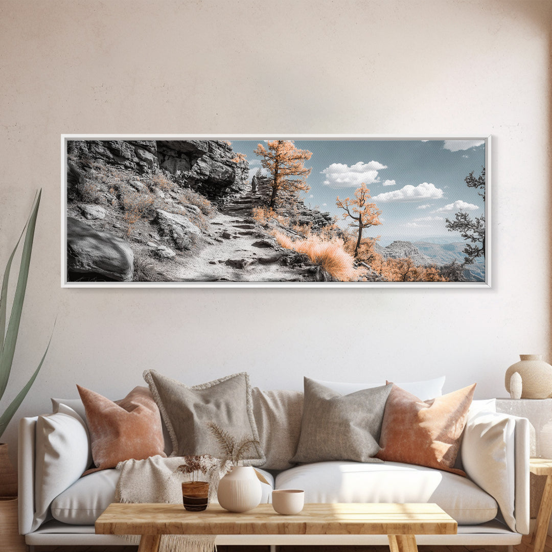 Canyon Hike, Autumn Pathway, Orange Foliage, Rocky Trail, Framed Canvas Print, Nature Adventure Wall Art, Boho Fall Home Decor