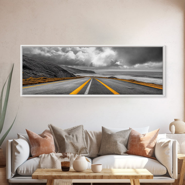 Coastal Highway Drive, Scenic Ocean Road, Stormy Sky Vibes, Framed Canvas Print, Modern Wall Art, Office Decor, Monochrome Landscape