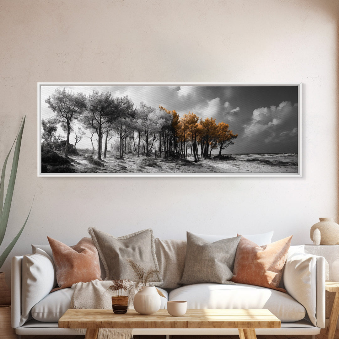 Autumn Forest Trees, Windswept Pine Grove, Beachside View, Framed Canvas Print, Fall Wall Art, Entryway Decor, Minimalist Style