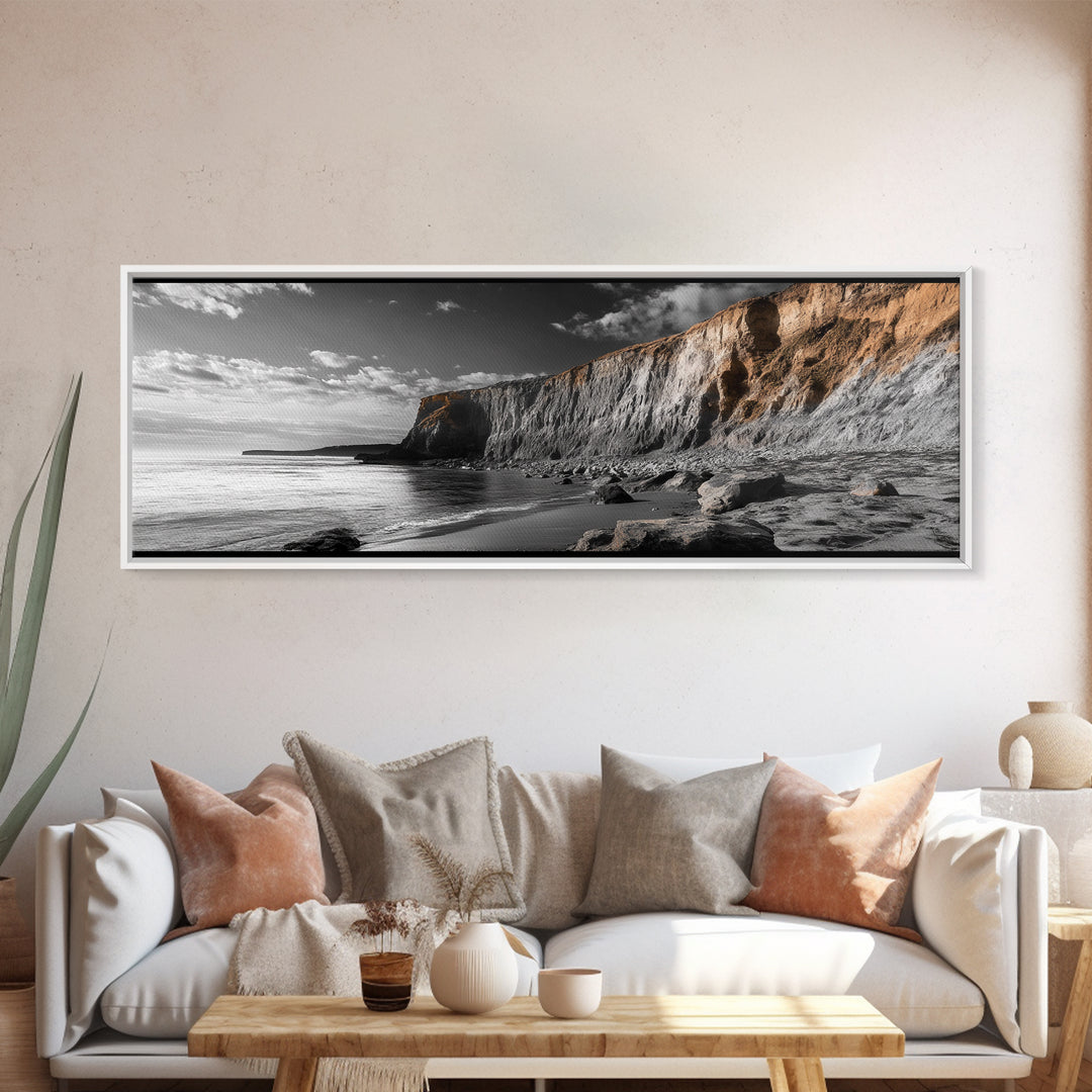 Coastal Cliffs Sunset, Rugged Shoreline Scene, Seaside Beauty, Framed Canvas Print, Earth Tone Art, Living Room Decor, Nature Wall Art