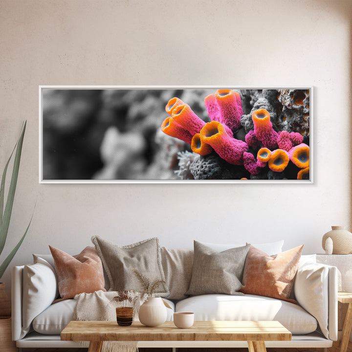 Neon Coral Closeup, Vibrant Underwater Detail, Oceanic Texture Wall Art, Framed Canvas Print, Bathroom Decor, Coastal Modern Style